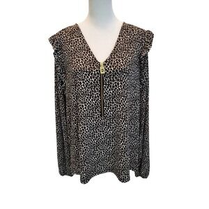 Michael Kors Women Shirt Animal Print Size Lg Ruffle Around Sholder 3/4 Zip 0380
